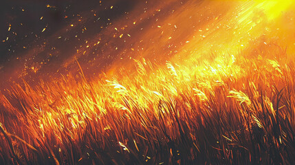 AI Generated - Field of tall grass illuminated by the sun, creating a beautiful and vibrant scene. Commercial illustration artwork for business applications. High-resolution. Premium quality.