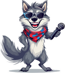 A gray wolf cartoon character stands holding a microphone.