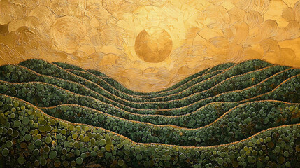 AI Generated - Painting of a green field with a sun in the background, painted on a wall. Commercial illustration artwork for business applications. High-resolution. Premium quality. Professional.
