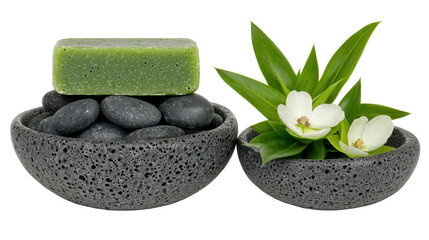 Green Soap Bar and White Flowers in Gray Stone Bowls