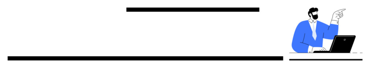 Man seated with laptop, gesturing and presenting. Ideal for business communication, remote work, presentation, teamwork, leadership, education consultation. Clean simple flat metaphor