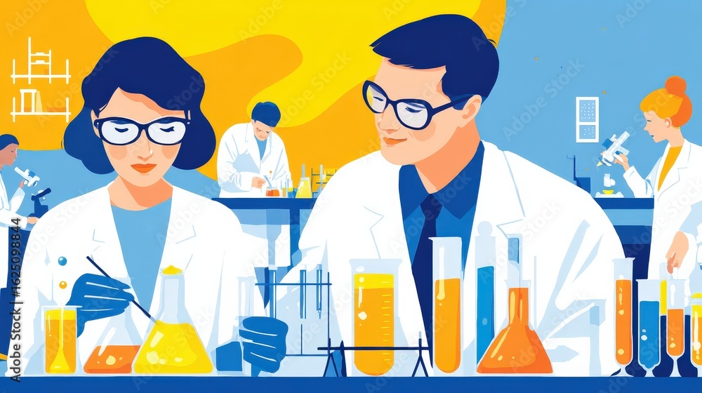 Poster two scientists in lab coats conduct experiments with colorful liquids in beakers, showcasing collabo