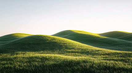 AI Generated - Lush green grassy field with rolling hills in the background and a bright blue sky above. Professional stock photography for commercial use. High-resolution. Premium quality. -