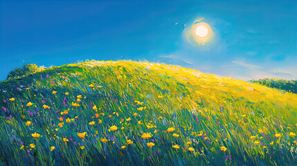 AI Generated - Painting of a field of yellow flowers with trees in the background and a bright blue sky with the sun shining down. Commercial illustration artwork for business applications. -