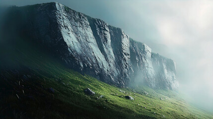 AI Generated - Majestic mountain in the middle of a lush green field, with grass on the ground and clouds in the sky. Commercial illustration artwork for business applications. High-resolution.