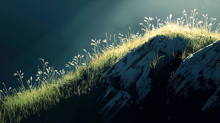 AI Generated - Grassy hillside with a blue sky in the background. Commercial illustration artwork for business applications. High-resolution. Premium quality. Professional grade. Detailed composition.