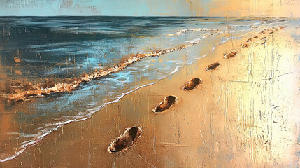 AI Generated - Painting of footprints in the sand on a beach, with the water lapping against the shore and the sky in the background. Professional stock photography for commercial use. - Professional