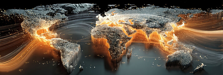 Illuminated world map depicting global network connectivity