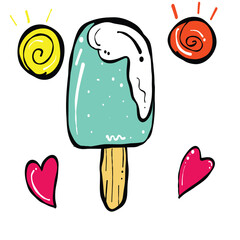 Cool and colorful ice cream popsicle with creamy top, surrounded by cheerful sun icons and playful hearts, evoking sense of joy and summer fun