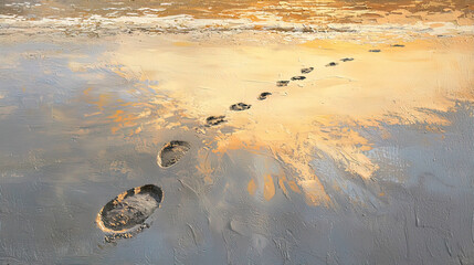 AI Generated - Painting of footprints in the sand on a beach at sunset. Commercial illustration artwork for business applications. High-resolution. Premium quality. Professional grade. Detailed.