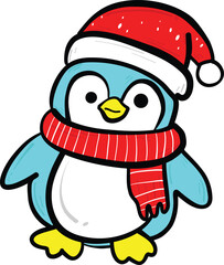 Cute cartoon penguin wearing red Santa hat and striped scarf, ready for holiday season. This cheerful character embodies spirit of winter festivities and joy