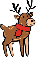 Cute reindeer character wearing red scarf, standing with cheerful expression. This festive illustration captures spirit of winter and holiday celebrations