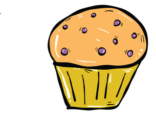 Delicious muffin with golden yellow wrapper and orange top, dotted with purple spots, evokes sense of warmth and sweetness. Perfect for dessert lovers