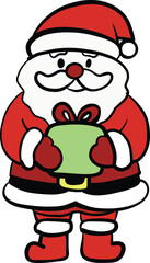Santa Claus character holding green gift box, wearing red suit with white trim, black belt, and gloves. cheerful expression adds festive touch to holiday spirit