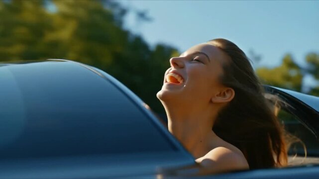 A joyful woman leans out of a car sunroof at high speed, wind whipping through her hair as she throws her head back in laughter, sunlight flashing across her glowing face