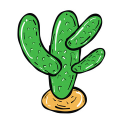 Vibrant green cactus with multiple arms stands on sandy base, showcasing its unique shape and texture. This illustration captures essence of desert flora, evoking sense of warmth and resilience