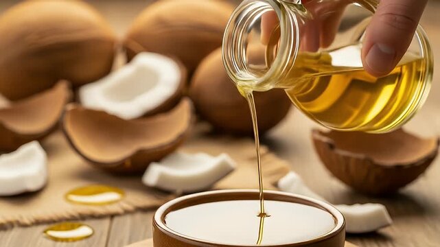 Hand pouring organic coconut oil into a small bowl. 4K Video
