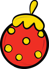 Bright red ornament with yellow top and polka dots, perfect for festive decorations and holiday celebrations. This cheerful design adds playful touch to any seasonal display