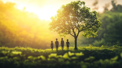 Children walking under a tree in a green field with a sunset in the background.