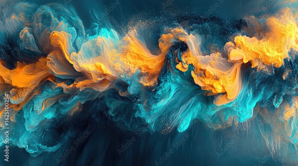 Poster abstract fluid art with swirling turquoise and gold creating a mesmerizing effect