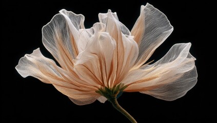 Delicate, ethereal flower in soft beige and tan tones, with translucent, flowing petals against a black backdrop