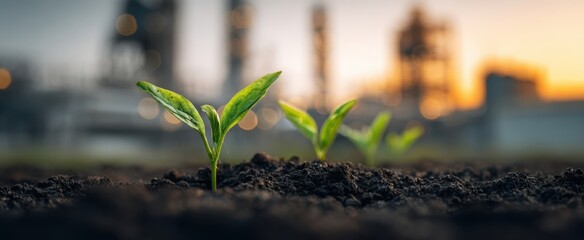 The thriving seedlings emerging from soil in an industrial backdrop during sunset.