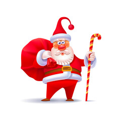 Christmas illustrations isolated on white. Funny vector happy Santa Claus character with gift, bag with presents, waving and greeting. Set of cartoon.