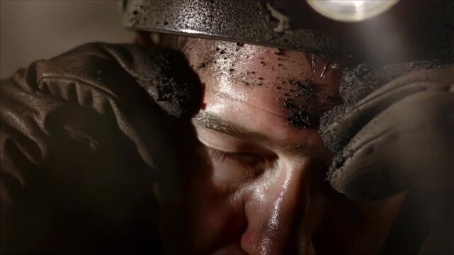 Close-up of a miner's hands in work gloves and a hard hat with a burning torch, wiping sweat and black dust from his forehead after a shift. Shot with extreme realism