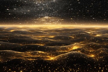 Celestial Golden Landscape: A cosmic vista of shimmering, golden waves under a starlit sky. An otherworldly scene of serene beauty and celestial wonder.
