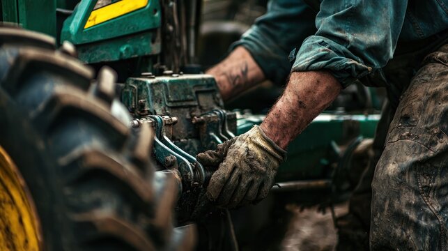 A man working on a tractor in a muddy field. The man is wearing a blue shirt and dirty work pants. 