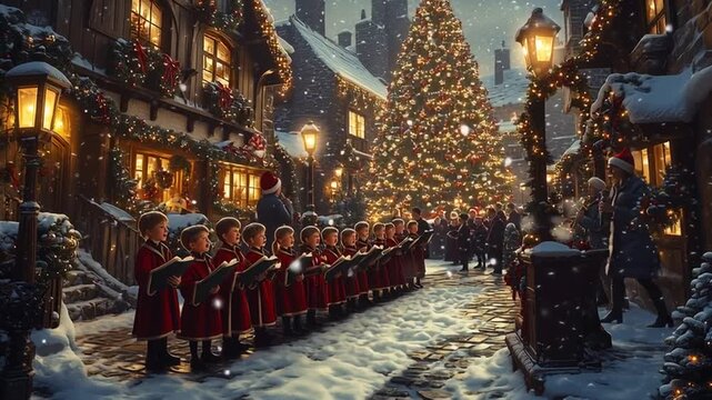 Children Singing Christmas Carols in Snowy Village with Christmas Tree and Lights