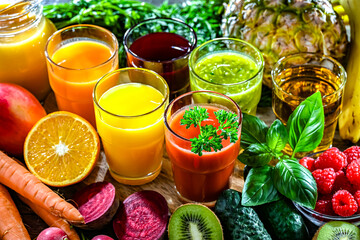 Glasses with fresh organic vegetable and fruit juices