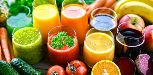 Glasses with fresh organic vegetable and fruit juices