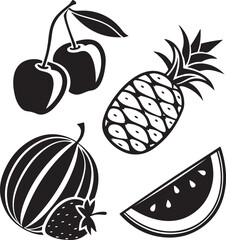 Black and White Vector Fruit Icons Set – Cherry, Apple, Banana, Pineapple, Citrus