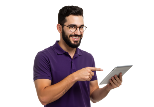 A young man with glasses and a purple polo shirt holds a tablet, pointing at the screen with a cheerful expression against a transparent background(PNG).
