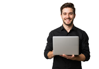 A smiling young man in a black shirt cradles a laptop against a white backdrop, showcasing a polished and approachable look.