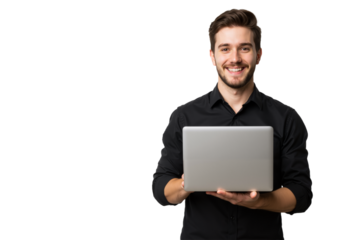 A smiling young man in a black shirt cradles a laptop against a white backdrop, showcasing a polished and approachable look.