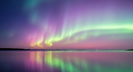 Fototapeta premium Aurora borealis northern lights reflection over water scenic night sky landscape photography nature travel
