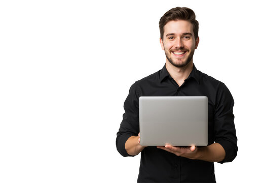 A smiling young man in a black shirt cradles a laptop against a white backdrop, showcasing a polished and approachable look.