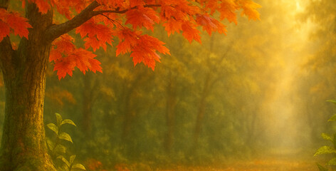 Trunk of a tree with red autumn leaves and sun rays through fog in forest. Autumn morning landscape. Background with space for text