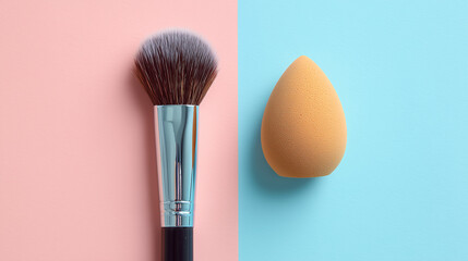 beauty blender sponge and foundation brush, flat lay composition on pastel background, clean product styling