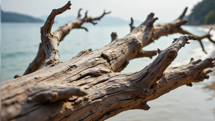 Fototapeta premium Scenic Beach with Driftwood and Calm Waters