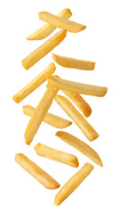 French fries falling in slow motion isolated on transparent background