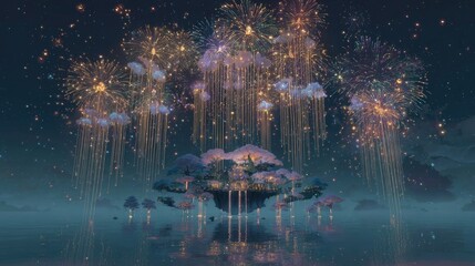 Floating Island Fireworks Display At Night