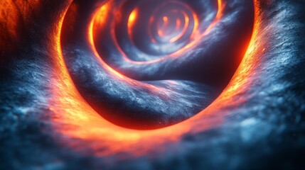 Abstract fiery vortex, swirling lava tunnel, inferno, digital art, cosmic swirls, fiery depths, glowing energy, vibrant colors, fiery texture, intense heat, fiery flow, cosmic tunnel