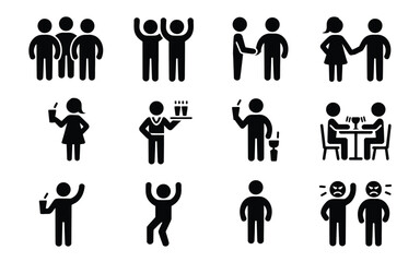 Diverse stick figure people in social scenarios icon set
