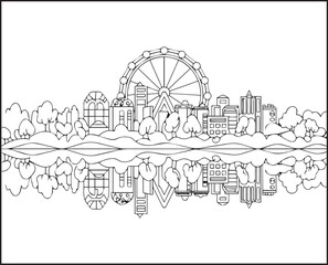 Obraz premium Beautiful landscape of city building view beside river with natural scenery black outline vector illustration coloring page design for children and adults