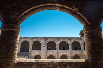 Antique architecture of old town, famous Knights Grand Master Palace. Greece, Rhodes