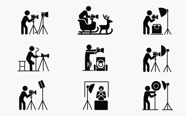 Photographer pictograms with camera equipment and lighting icon set