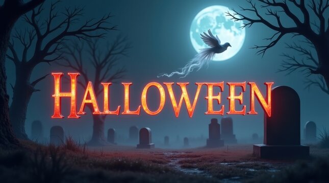 Halloween celebration in a haunted graveyard at night with spooky atmosphere and eerie moonlight
